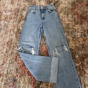 Zara Light Blue Wide Leg Jeans with Distressed Details